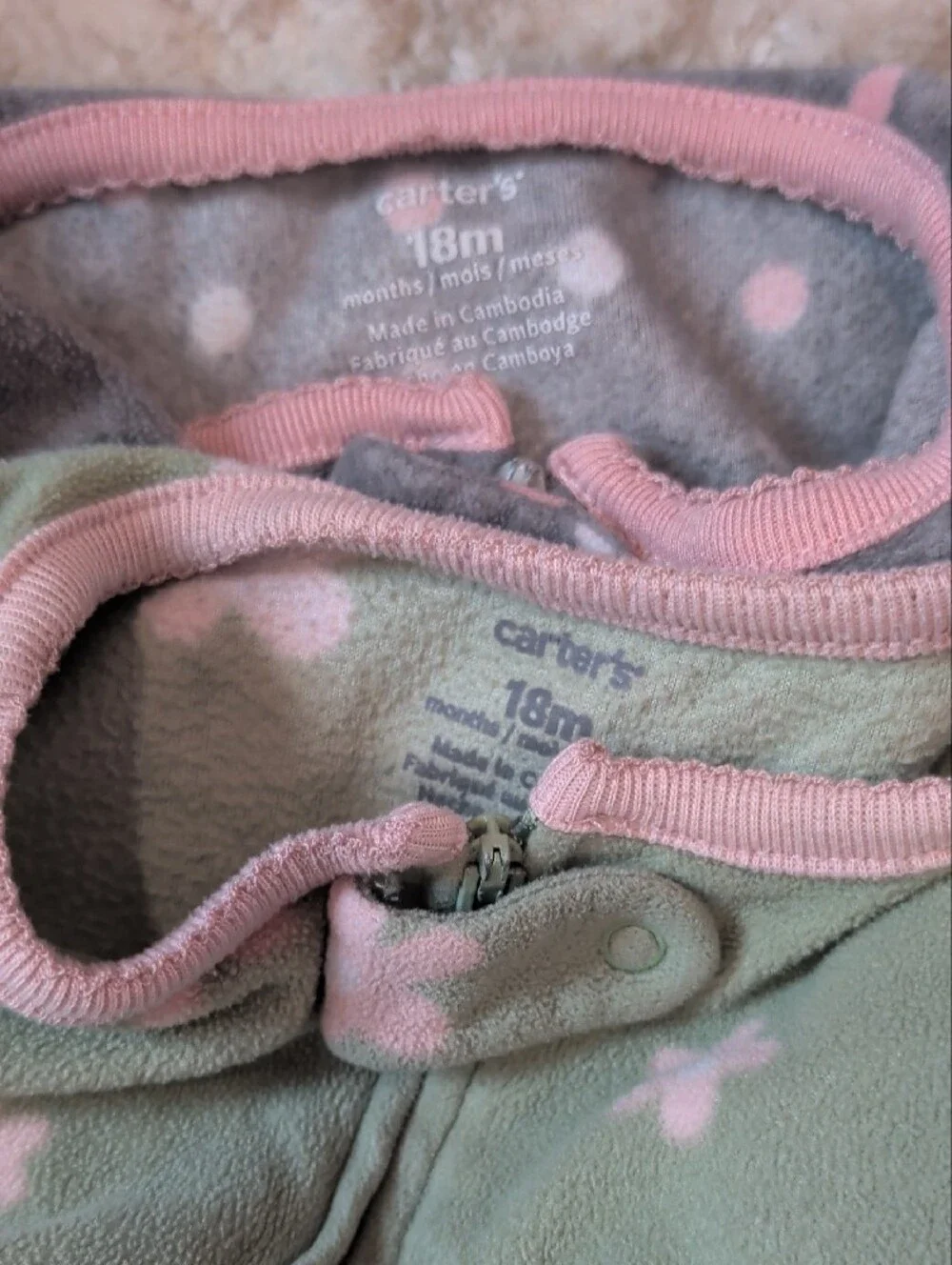 Carter's Green & Gray Footed One-Piece Sleepers with Pink Accents Set Of 2
